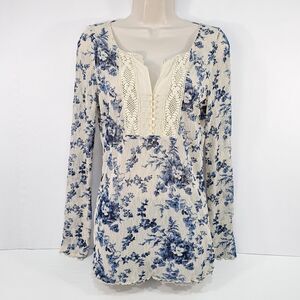 Y2K Denim & Supply Ralph Lauren Blue Floral Lace Henley Top L Long Sleeve Boho